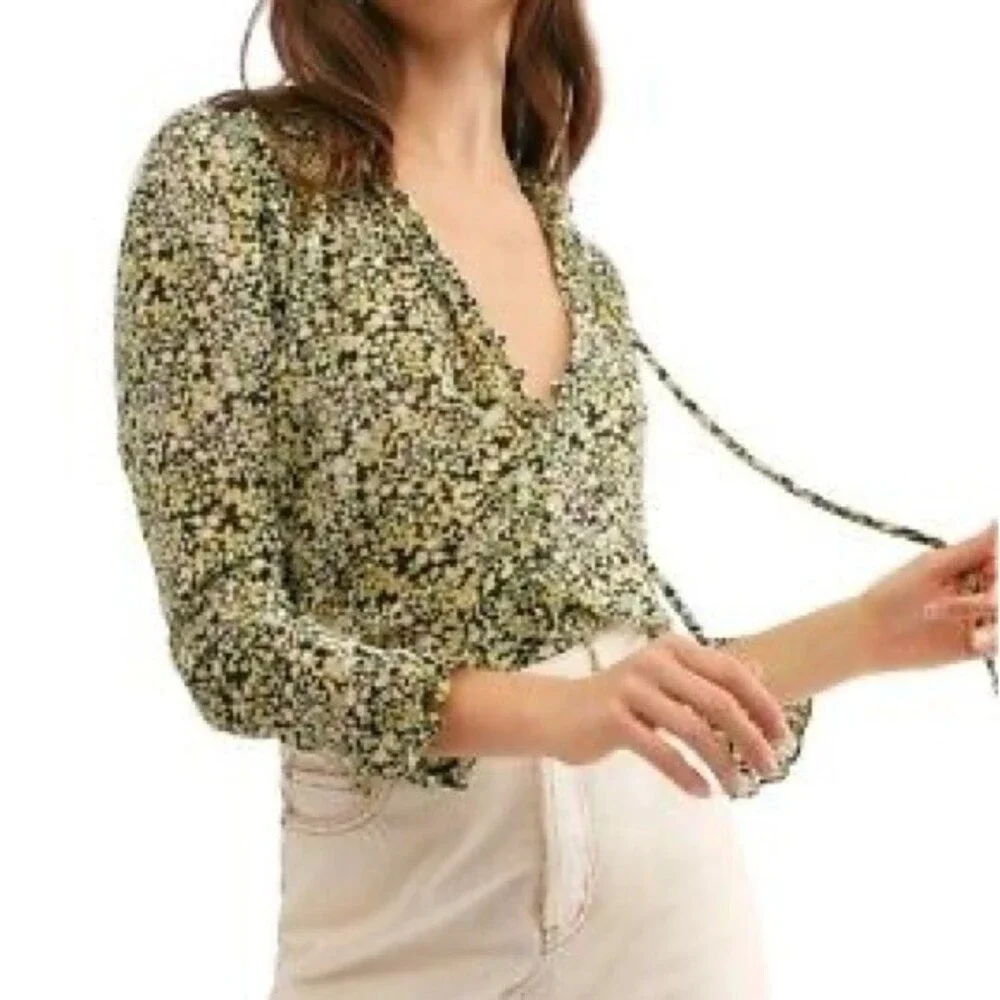 Free People Lela Blouse Floral Black & Green Flowy Boho Tie Neck Top Size Medium